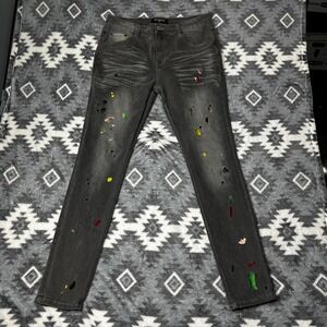 Serenede Distressed Paint Splatter Embroidered Skinny Jeans Black Mens 36x32